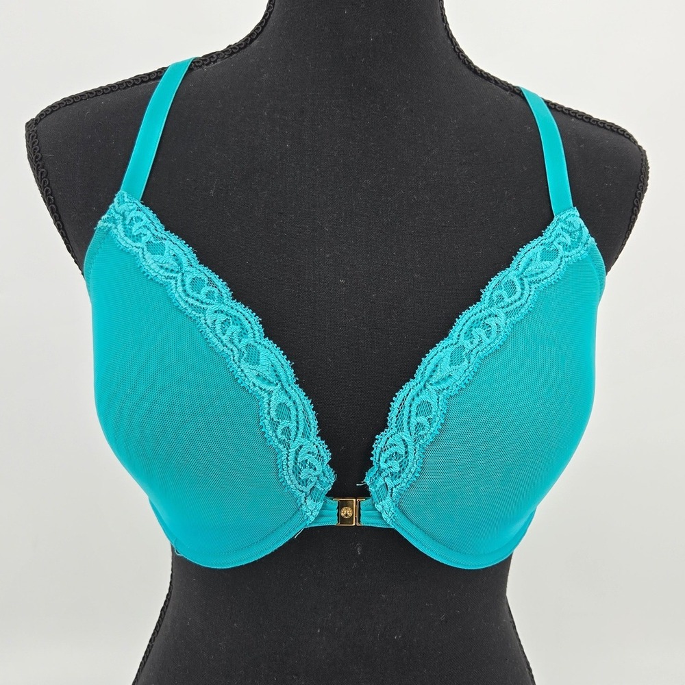 Natori Feathers Teal Lace Front Close T Back Plunge Underwire Bra Women 34DD